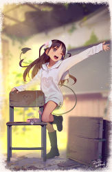 1girl ;d absurdres black_boots boots brown_hair chair child classroom collar dated demon_tail english_text full_body grey_eyes highres indoors long_hair long_sleeves looking_at_viewer muk_(monsieur) one_eye_closed open_mouth outstretched_arm sailor_collar signature smile solo standing standing_on_one_leg tail teeth tiny_evil upper_teeth_only yuu_(tiny_evil) rating:Sensitive score:145 user:danbooru