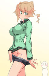  1girl 1other birthmark blonde_hair blush boyshort_panties breasts clothes_pull feet_out_of_frame green_eyes green_jacket grey_panties grey_underwear jacket kakiku_keiko large_breasts looking_at_viewer oteruko_(wanabeee) panties stomach sweatdrop thighs track_jacket underwear underwear_pull 