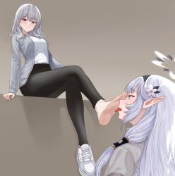  2girls absurdres barefoot black_hairband black_pants blue_archive breasts brown_background closed_mouth commentary_request eyelashes feet female_sensei_(blue_archive) flower gradient_background grey_hair grey_jacket hair_between_eyes hair_flower hair_ornament hair_over_shoulder hair_tubes hairband halo highres himari_(blue_archive) jacket large_breasts licking licking_foot light_frown long_bangs long_hair long_sleeves looking_at_another multiple_girls no_socks open_clothes open_jacket pants pointy_ears purple_eyes saliva sensei_(blue_archive) shirt shoes sidelocks sitting sneakers soles split_mouth straight_hair toes tongue tongue_out tsurime welo white_flower white_halo white_shirt white_shoes yuri 