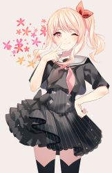  1girl absurdres akiyama_mizuki asymmetrical_clothes asymmetrical_hair black_skirt black_thighhighs blonde_hair bow buttons closed_mouth club_(shape) club_button clubs cowboy_shot curly_hair diamond_button flower frilled_skirt frills grey_neckerchief hair_bow hand_on_own_hip heart_button highres looking_at_viewer medium_hair multicolored_neckwear neckerchief one_eye_closed pink_eyes pink_neckerchief project_sekai sailor_collar side_ponytail skirt smile solo spade_button thighhighs v yuhi_(hssh_6) 