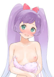  1girl absurdres blush bow bra breasts collarbone completely_nude floral_print floral_print_bra green_eyes hair_bow highres hyakumangoku_masurao long_hair looking_at_viewer manaka_laala nipples nude open_mouth pink_bow pink_bra pretty_series print_bra pripara purple_hair simple_background smile solo sweat twintails underwear unworn_bra white_background  rating:Questionable score:18 user:danbooru