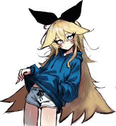  1girl :| arisu_liddellvt bare_legs black_bow black_eyeliner blonde_hair blue_hoodie blush_stickers bow closed_mouth clothes_lift commentary cowboy_shot dolphin_shorts english_commentary expressionless eyeliner grey_shorts hair_bow head_tilt hood hoodie hoodie_lift jitome leaning_back lifting_own_clothes makeup original shorts simple_background sketch slit_pupils solo standing white_background  rating:Sensitive score:1 user:danbooru