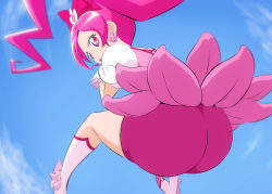 1girl ass bike_shorts blue_sky boots bow clothes_lift cure_blossom earrings from_behind from_below fuchi_(nightmare) hair_bow heartcatch_precure! hip_attack jewelry knee_boots layered_skirt long_hair miniskirt open_mouth parted_bangs pink_hair pink_shorts pink_skirt pink_vest ponytail precure red_bow red_eyes short_shorts short_sleeves shorts shorts_under_skirt skirt skirt_lift sky solo very_long_hair vest white_boots white_sleeves rating:Sensitive score:32 user:danbooru