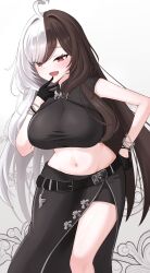  1girl absurdres ahoge artist_request bare_shoulders belt black_dress black_hair black_shirt breasts chain codename_rose crop_top dress floral_background floral_print groin hand_on_own_face hand_on_own_hip highres large_breasts long_hair midriff multicolored_hair narrow_waist navel red_eyes seductive_smile shirt shorts shrug_(clothing) simple_background skindentation sleeveless smile split-color_hair taut_clothes two-tone_hair waktaverse white_background white_hair wide_hips 
