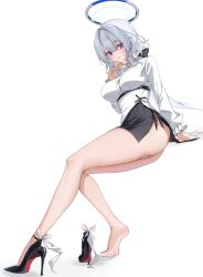  1girl absurdres alternate_costume bare_legs barefoot black_shoes black_skirt blue_archive blush closed_mouth grey_hair hair_between_eyes high-waist_skirt high_heels highres lanhua227 long_hair looking_at_viewer miniskirt noa_(blue_archive) panties purple_eyes shirt shoes sidelocks single_shoe skirt smile soles solo underwear white_panties white_shirt 