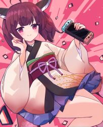  1girl ahoge blue_skirt brown_hair closed_mouth dutch_angle handheld_game_console headgear holding holding_handheld_game_console japanese_clothes kimono light_blush long_sleeves looking_at_viewer mitsugushi_yuu nintendo_switch obi pink_background pink_eyes sash short_hair sidelocks skirt smile solo sparkle touhoku_kiritan voiceroid white_kimono wide_sleeves 