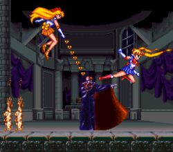  16-bit 16bit 1boy 2girls aino_minako bishoujo_senshi_sailor_moon blonde_hair blue_eyes boss_fight castlevania_(series) crossover dracula_(castlevania) fan_made fire game_console konami multiple_girls red_eyes sailor_moon sailor_venus snes super_castlevania_iv super_nintendo tsukino_usagi vampire 