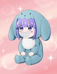  1boy absurdres aged_down baby blush cru highres kobayashi-san_chi_no_maidragon magatsuchi_shouta on_floor onesie pacifier pink_background purple_eyes purple_hair sitting sparkle  rating:General score:3 user:Flamingo123