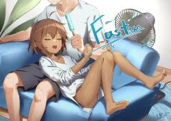 1boy 1girl ahoge bare_legs barefoot black_shorts blue_rug brown_hair closed_eyes commission commissioner_name couch dark-skinned_female dark_skin electric_fan faceless faceless_male feet food highres holding_food holding_popsicle indoors kagami_(haret46) legs lying lying_on_lap no_panties on_couch open_mouth original pelvic_curtain popsicle second-party_source shirt short_hair shorts signature sitting t-shirt toes webp-to-png_conversion white_shirt yuuhi_(fast)