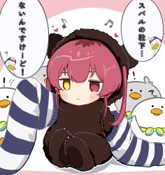  1girl absurdres animal_costume bear_costume bird blush_stickers duck heterochromia highres hololive houshou_kumarine houshou_marine looking_at_viewer musical_note nibo_ume_katsu official_alternate_costume red_eyes red_hair solo suba_tomo_(big) suba_tomo_(oozora_subaru) suba_tomo_(small) subaru_duck virtual_youtuber yellow_eyes 