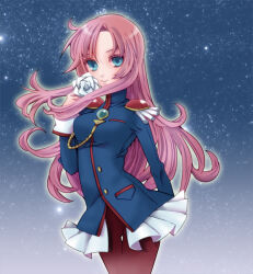 1girl blue_coat blue_eyes blush breasts brown_pantyhose buttons closed_mouth coat commentary_request cowboy_shot enchiru epaulettes floating_hair flower frilled_coat frills green_brooch holding holding_flower kawakami_tomoko long_hair long_sleeves looking_at_viewer medium_breasts pantyhose pink_hair pocket rose shoujo_kakumei_utena sky smile solo star_(sky) starry_sky tenjou_utena white_flower white_rose 
