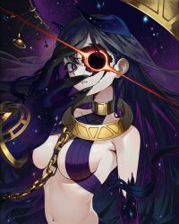 1girl asymmetrical_arms black_hair black_hole-shaped_pupils breasts chain chain_leash chained choker colored_extremities commission cracked_skin floating_hat gemi_ningen gold_collar hair_ornament harem_outfit highres horns khaos_(ketron) large_hands leash long_hair looking_at_viewer multicolored_hair navel original oversized_forearms oversized_limbs planet_hair_ornament purple_eyes purple_hair purple_hands solo starry_skin starry_sky_print two-tone_hair veil  rating:Sensitive score:12 user:danbooru