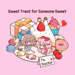  2girls :d absurdres animal_ears apron arknights bare_shoulders blue_bow blue_skirt bow box brown_eyes cake cake_slice cat_ears cat_girl cat_tail cherry chibi closed_mouth commentary cupcake donut dress english_text eyjafjalla_(arknights) food fork fruit gift gift_box goldenglow_(arknights) hair_between_eyes hair_bow highres holding holding_fork horns long_hair macaron malrangdonut mini_person minigirl multiple_girls off-shoulder_dress off_shoulder open_mouth pink_background pink_hair plate ponytail sheep_ears sheep_girl sheep_horns shirt simple_background skirt smile standing strawberry tail very_long_hair waist_apron white_apron white_dress white_shirt 
