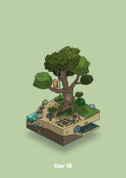 absurdres beach boulder bush commentary_request diorama gozz green_background highres holding holding_rope in_tree isometric original palm_leaf pulling rope stick tree wood rating:General score:1 user:danbooru