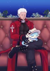  1boy archer_(fate) archer_(honkai:_star_rail)_(fate) coach coat crossed_legs crossover dark-skinned_male dark_skin fate/stay_night fate/unlimited_blade_works fate_(series) highres honkai:_star_rail honkai_(series) male_focus red_coat sitting smile spiked_hair water white_hair yuyulisakura 