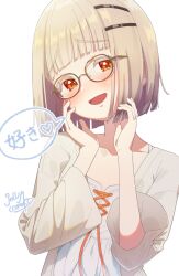  1girl alternate_hair_length alternate_hairstyle bespectacled blonde_hair blunt_bangs blunt_ends blush brown-framed_eyewear camisole collarbone colored_eyelashes commentary_request gakuen_idolmaster glasses gradient_hair grey_hair head_tilt heart idolmaster jellycomeko looking_at_viewer multicolored_hair orange_eyes robe shinosawa_hiro short_hair signature simple_background smile solo speech_bubble translation_request upper_body white_background white_camisole white_robe 