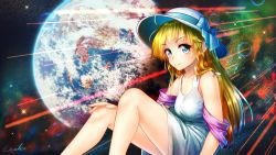  1girl blonde_hair blue_eyes danmaku dress female_focus highres long_hair marie_(seihou) seihou shawl sitting smile solo welt_(kinsei_koutenkyoku) white_dress 