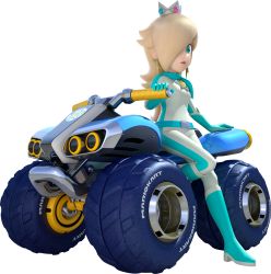  1girl atv belt biker_clothes bikesuit blonde_hair blue_eyes blue_footwear blue_gloves bodysuit boots crown earrings female_focus gloves hair_over_one_eye high_heels highres jewelry knee_boots mario_(series) mario_kart mario_kart_8 motor_vehicle nintendo official_alternate_costume official_art rosalina scarf shoes skin_tight solo super_mario_bros._1 super_mario_galaxy vehicle  rating:Sensitive score:44 user:TricksterA2