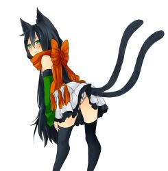  1girl alchemist_(ragnarok_online) alternate_color animal_ears ass black_hair black_thighhighs blush cat_ears cat_girl cat_tail closed_mouth commentary_request detached_sleeves dress feet_out_of_frame from_behind frown green_eyes green_sleeves leaning_forward long_hair looking_at_viewer meiko_(nattu303) multiple_tails orange_scarf panties ragnarok_online scarf simple_background solo tail thighhighs two_tails underwear v-shaped_eyebrows very_long_hair white_background white_dress white_panties 