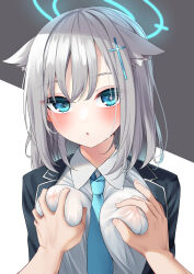  1girl absurdres animal_ear_fluff animal_ears between_breasts black_jacket blue_archive blue_eyes blue_necktie blush breasts bright_pupils cat_ears cat_girl collared_shirt commentary_request covered_erect_nipples cross_hair_ornament eyelashes eyes_visible_through_hair grabbing_another&#039;s_breast grey_background grey_hair groping hair_between_eyes hair_ornament halo head_tilt highres jacket looking_at_viewer medium_breasts medium_hair menbou_(menbow3v) necktie necktie_between_breasts open_clothes open_jacket paid_reward_available parted_lips pov pov_hands see-through_clothes see-through_shirt shiroko_(blue_archive) shirt simple_background skindentation solo_focus straight_hair two-tone_background upper_body upturned_eyes white_background white_pupils white_shirt  rating:Sensitive score:71 user:danbooru