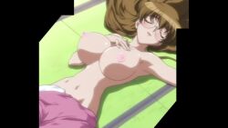  00s animated anime_screenshot bouncing_breasts breasts brown_hair closed_eyes glasses kuribayashi_yayoi large_breasts long_hair mouse_(anime) nipples pink_blanket sleeping smile tagme tatami topless_female video 