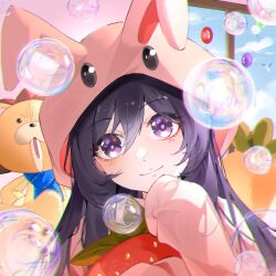 1girl alternate_costume animal_costume animal_ears balloon bambietta_basterbine black_hair bleach bleach:_sennen_kessen-hen blush closed_mouth commentary cosplay day deadman70232800 eyelashes eyes_visible_through_hair fake_animal_ears food fruit hair_between_eyes hair_over_shoulder hand_up highres holding holding_food holding_fruit hood hood_up indoors kigurumi kon_(bleach) long_hair looking_at_viewer purple_eyes quincy_(bleach) rabbit_costume rabbit_ears sleeves_past_fingers sleeves_past_wrists smile soap_bubbles solo star_(symbol) star_in_eye sternritter strawberry stuffed_animal stuffed_lion stuffed_toy symbol_in_eye upper_body window