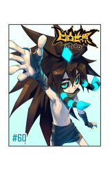  1boy aotu_world arm_up armpits bandaged_arm bandaged_hand bandages black_bandages black_hair black_scarf black_sclera black_shorts blue_eyes border chinese_commentary colored_sclera copyright_name elaen_(aotu_world) fingerless_gloves gloves glowing gradient_background grin hair_between_eyes highres long_hair looking_at_viewer low-tied_sidelocks male_focus navel numbered official_art open_hand outstretched_arm outstretched_hand pale_skin qi_chuang_she scarf shorts sidelocks smile solo teeth topless_male 