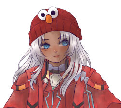  1girl blue_eyes closed_mouth commentary dark-skinned_female dark_skin elma_(xenoblade_x) elmo hat highres long_hair looking_to_the_side malvanob name_connection red_hat sesame_street simple_background smile solo upper_body white_background white_hair xenoblade_chronicles_(series) xenoblade_chronicles_x 