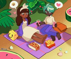  1boy 1girl barefoot brown_hair cocoa_cookie cookie_run dark-skinned_female dark-skinned_male dark_skin dress emoji food french_fries green_hair hot_dog humanization long_hair michelin_(p0lo09) mint_choco_cookie shirt short_hair smile 