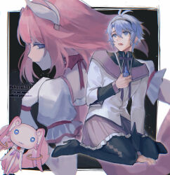 1boy 1girl ahoge akemi_homura akemi_homura_(cosplay) black_background black_hairband black_pants blue_eyes border chinese_commentary commentary_request coreflame_(honkai:_star_rail) cosplay crossdressing crossdressing_(mtf) cyrene_(honkai:_star_rail) hair_ornament hairband high_heels highres holding honkai:_star_rail honkai_(series) kaname_madoka kaname_madoka_(cosplay) kaname_madoka_(magical_girl) kyubey kyubey_(cosplay) mahou_shoujo_madoka_magica mem_(honkai:_star_rail) pants phainon_(honkai:_star_rail) pink_hair purple_skirt school_uniform serafuku short_hair shuzai233 sitting skirt star-shaped_pupils star_(symbol) symbol-shaped_pupils twitter_username wariza white_border white_hair white_serafuku 