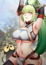  1girl absurdres alternate_costume alternate_hairstyle armpits arms_up blush breasts cat ceres_fauna cosplay fur_trim goggles goggles_on_headwear green_hair hair_branch helmet highres holocouncil hololive hololive_english horns jamwes kirin_(armor) large_breasts long_hair midriff mole mole_under_eye monster_hunter_(series) navel open_mouth outdoors pelvic_curtain pilot_helmet ponytail signature smile snail_(ceres_fauna) solo stomach thighhighs underboob virtual_youtuber yellow_eyes  rating:Questionable score:4 user:1127V