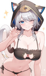  1girl ;) absurdres animal_ears black_panties blue_eyes blush bow cat_ears cat_lingerie cat_tail cipher_(honkai:_star_rail) closed_mouth commentary_request grey_hair hair_bow hand_up highres honkai:_star_rail honkai_(series) looking_at_viewer medium_hair meme_attire mole mole_on_chest navel one_eye_closed origami_(poinia) panties side-tie_panties smile solo stomach tail underwear white_bow 