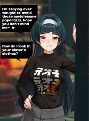  1girl absurdres artist_request astra_yao belle_(zenless_zone_zero) belle_(zenless_zone_zero)_(cosplay) blush cosplay english_text green_hair hand_on_own_hip highres looking_at_viewer red_eyes solo speech_bubble zenless_zone_zero  rating:General score:11 user:danbooru