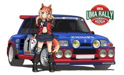  1girl 2009 2025 ;o absurdres animal_ears asymmetrical_legwear black_skirt blue_eyes blush car ear_ornament espoir_city_(umamusume) hair_ornament hairclip highres horse_ears horse_girl horse_tail jacket kano_(nakanotakahiro1029) layered_skirt long_hair looking_at_viewer loose_socks michelin midriff mismatched_legwear motor_vehicle navel one_eye_closed one_side_up open_clothes open_jacket orange_hair philips_(brand) red_jacket renault renault_5_turbo simple_background single_thighhigh skirt socks solo striped_clothes striped_thighhighs tail thighhighs umamusume v vehicle_focus white_background 