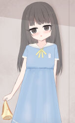  1girl black_eyes black_hair blue_dress blush bow bow_panties dress embarrassed flat_chest holding holding_panties holding_underwear loli long_hair looking_at_viewer name_tag neck_ribbon open_mouth orange_bow orange_panties original panties plaid_clothes plaid_panties ribbon school_uniform shooko short_sleeves standing underwear unworn_panties yellow_ribbon 