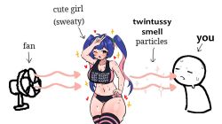  1girl 1other blue_hair blush breasts commentary curvy english_commentary english_text fang girlsmell_particles_(meme) hand_on_own_hip heart highres large_breasts long_hair meme mia_miau_(mimi) mimiky0u multicolored_hair navel one_eye_closed open_mouth original plap_plap_plap_get_pregnant_(meme) simple_background smell smelling sparkling_sweat sports_bra sportswear stomach sweat thick_thighs thighhighs thighs twintails v white_background 