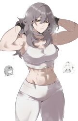  absurdres armpits chibi chibi_inset firefly_(honkai:_star_rail) grey_hair highres honkai:_star_rail honkai_(series) kafka_(honkai:_star_rail) long_hair masoq multiple_girls pants sports_bra stelle_(honkai:_star_rail) tight_clothes tight_pants trailblazer_(honkai:_star_rail) white_sports_bra yellow_eyes yoga_pants 