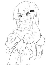  1boy 1girl absurdres baigao baigao-ji_(baigao) blush clothes_lift disembodied_hand fingering grabbing_from_behind hair_ornament hairclip hand_under_clothes highres lifting_another&#039;s_clothes loli long_hair molestation monochrome original panties panty_pull pussy_juice sketch sweater sweater_lift thighs underwear 