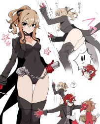  ! !! 1girl 2boys ? ahoge akechi_gorou akechi_gorou_(cosplay) amamiya_ren amamiya_ren_(cosplay) ass black_choker black_footwear black_jacket black_leotard blonde_hair blue_eyes boots breasts chain choker climbing cosplay diluc_(genshin_impact) epaulettes genshin_impact gloves hair_ribbon highres jacket jean_(genshin_impact) leotard long_hair long_sleeves mask mask_on_head medium_breasts multiple_boys multiple_views persona persona_5 persona_5_the_royal ponytail red_eyes red_gloves red_hair ribbon rome_romedo sidelocks simple_background speech_bubble tartaglia_(genshin_impact) thigh_boots thighhighs white_background white_gloves yoshizawa_kasumi yoshizawa_kasumi_(cosplay)  rating:Sensitive score:139 user:danbooru