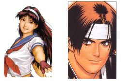  asamiya_athena brown_hair fingerless_gloves gloves hair_ornament kusanagi_kyou psycho_soldier purple_hair school_uniform shinkirou snk star_(symbol) star_hair_ornament the_king_of_fighters  rating:General score:1 user:Toraji99