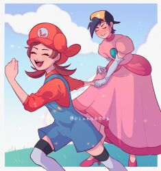  1boy 1girl backwards_hat baseball_cap black_hair blue_overalls blue_sky blush brown_hair cinnabeep cosplay crossdressing dress elbow_gloves embarrassed ethan_(pokemon) gloves grass hat highres holding_hands lyra_(pokemon) mario mario_(cosplay) mario_(series) nintendo overalls pink_dress pokemon pokemon_hgss princess_peach princess_peach_(cosplay) red_headwear sky sparkle thighhighs white_gloves  rating:General score:3 user:danbooru