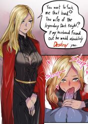  1boy 1girl 2023 blonde_hair blue_skin capcom cheating_(relationship) colored_skin comic commission demon devil_may_cry_(series) english_text eva_(devil_may_cry) eye_contact fellatio heart highres instant_loss interspecies looking_at_another loving_aura lungnut mature_female narrow_waist oral penis pov pov_crotch sound_effects speech_bubble standing sweat veins veiny_penis 