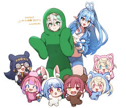  6+girls absurdres ahoge animal_costume bear_costume blonde_hair blue_eyes blue_hair blue_shorts cecilia_immergreen chibi coke-bottle_glasses fang fuwawa_abyssgard glasses green_eyes grey_hair heart heart_ahoge heterochromia highres hololive hololive_dev_is hololive_english houshou_kumarine houshou_marine kikirara_vivi midriff mococo_abyssgard multiple_girls ninomae_ina&#039;nis orange_eyes pink_eyes pink_hair pointy_ears purple_hair rabbit_costume red_eyes red_hair shorts smile smol_ina sushida_hayari symbol-shaped_pupils usada_pekora virtual_youtuber white_background yellow_eyes yukihana_lamy 