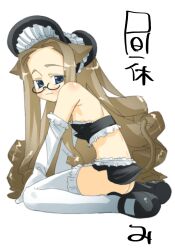  1girl animal_ears black_bonnet black_shoes black_skirt blue_eyes bonnet breasts brown_hair cat_ears cat_girl cat_tail elbow_gloves forehead frilled_bonnet frilled_thighhighs frills gloves hair_intakes highres light_smile long_hair looking_at_viewer mary_janes microskirt original parted_bangs semi-rimless_eyewear shoes side_slit simple_background sitting skirt small_breasts smile solo tail thighhighs veloexotica very_long_hair white_background white_gloves white_thighhighs 