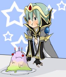  1boy :t black_gloves blue_background blush candle cherry circlet closed_mouth coat commentary_request fingerless_gloves food foodification frown fruit gem gloves gold_trim green_hair grey_coat grey_eyes hair_between_eyes male_focus meiko_(nattu303) open_clothes open_coat pout ragnarok_online red_gemstone shirt short_hair solo star_(symbol) star_symbol_background upper_body vanilmirth_(ragnarok_online) warlock_(ragnarok_online) white_shirt 
