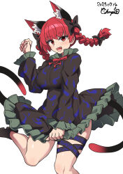  animal_ears black_bow black_tail bow braid cat_ears cat_tail chups dress extra_ears frilled_dress frilled_sleeves frills kaenbyou_rin multiple_tails nekomata red_hair red_nails side_braids tail touhou twin_braids two_tails 