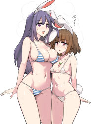  2girls alternate_costume animal_ears bikini blue_bikini blush breast_envy breasts brown_hair carrot_necklace commentary_request cowboy_shot droopy_ears inaba_tewi ippongui jewelry large_breasts long_hair looking_at_viewer multiple_girls navel necklace open_mouth purple_eyes purple_hair rabbit_ears rabbit_girl rabbit_tail red_eyes reisen_udongein_inaba short_hair simple_background small_breasts striped_bikini striped_clothes sweat swimsuit tail touhou white_background white_bikini 