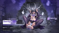  1girl architecture artist_request bare_tree book_of_yog breast_curtains breasts character_name copyright_notice east_asian_architecture feet flower grey_horns hair_between_eyes highres holding_with_feet horn_flower horns isabena_(book_of_yog) large_breasts large_horns long_hair navel official_art purple_eyes silver_necklace stirrup_legwear toeless_legwear toes tree white_flower will-o&#039;-the-wisp_(mythology) 