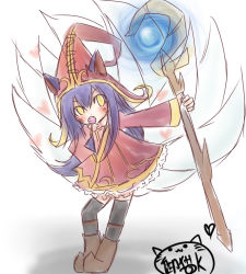  1girl aged_down ahri_(league_of_legends) animal_ears candy ears_through_headwear female_focus food fox_tail hand_on_back hand_on_own_hip hat heart league_of_legends leaning_forward lollipop long_hair lulu_(league_of_legends) multiple_tails neko_baby pointy_ears purple_hair solo staff tail whiskers witch_hat yellow_eyes  rating:Sensitive score:16 user:danbooru