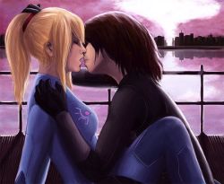  2girls bed black_hair blonde_hair bodysuit breasts closed_eyes halo_(game) haloid hand_on_another&#039;s_head hand_on_shoulder imminent_kiss kiss ma_rin medium_breasts metroid multiple_girls nicole-458 nintendo open_mouth samus_aran skin_tight spoilers unknown_creation_date yuri zero_suit 